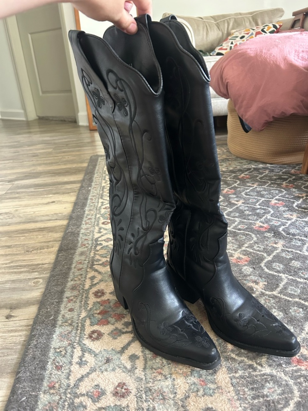 Kiss Black Embroidered Over-the-Knee Western Boots